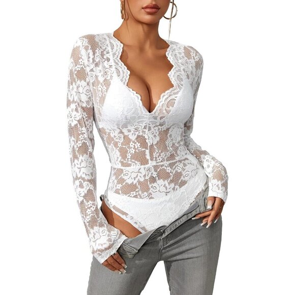 Tops - Women's Lace Long Sleeve Bodysuit V Neck Sheer Mesh Going Out Top